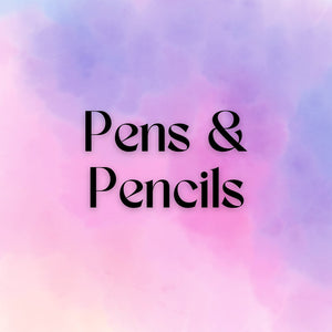 A purple, pink and blue gradient watercolor background with the words Pens & Pencils in the foreground