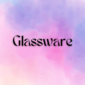 A purple, pink and blue watercolor gradient background with the word Glassware in the foreground