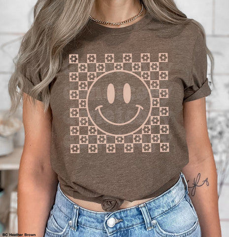 READY TO SHIP - Checkered Flower Happy Face Tee